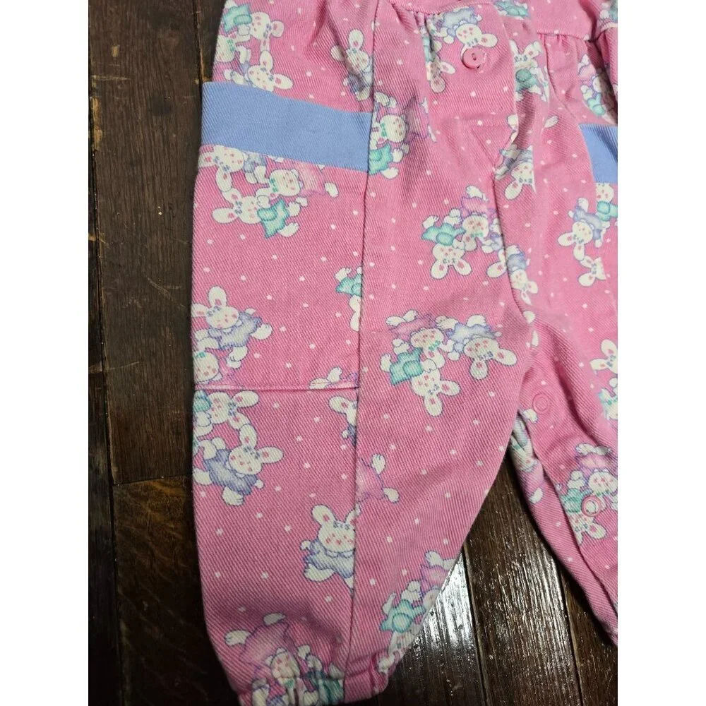 Vintage Oshkosh Pink Cotton Denim Bunny Print Romper 3-6 Months